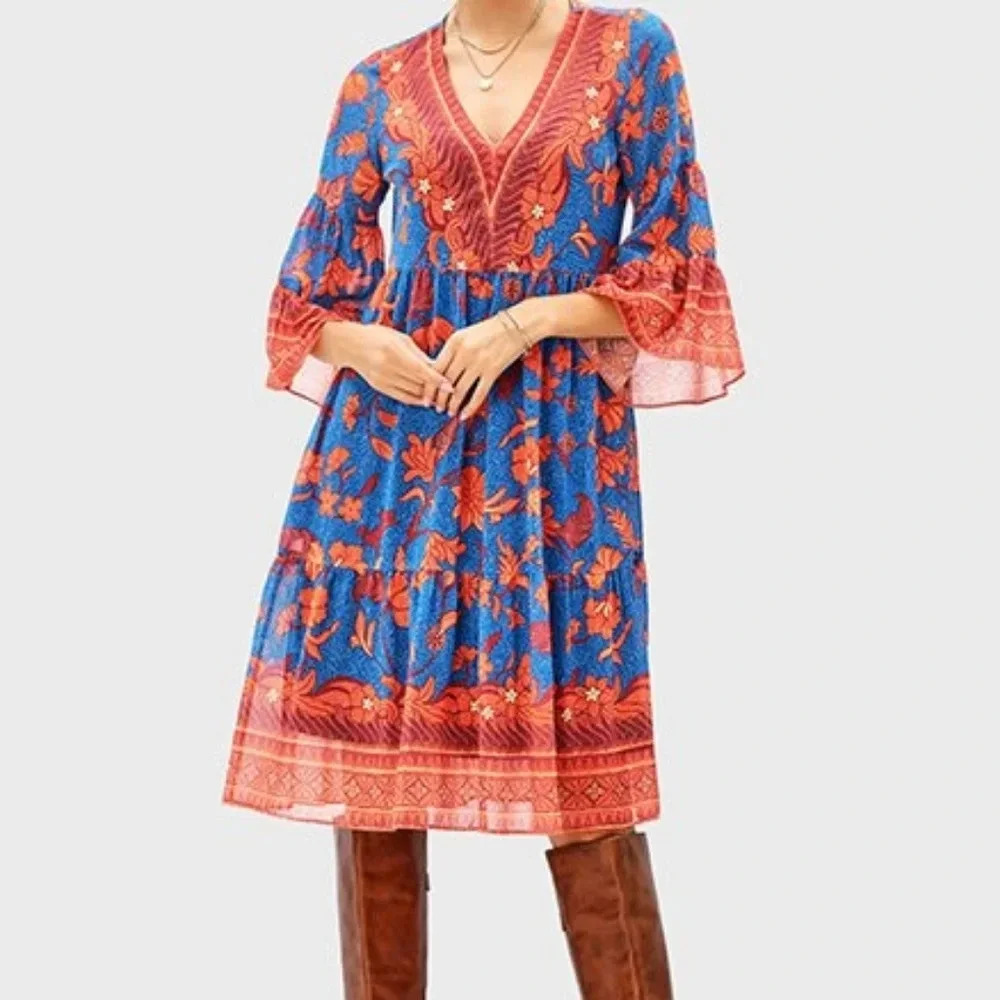 Wayward Fancies eshakti floral print georgette tiered dress boho ruched midi red